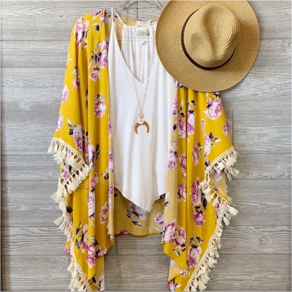 Infinity Raine Sweaters - Mustard Floral Fringe Kimono